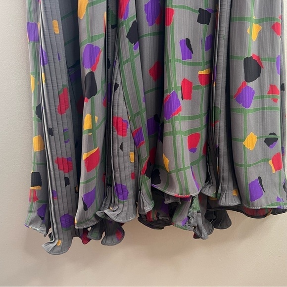 Vintage 80s Diane Freis Georgette Dress L XL Long Sleeves Gray Geometric Pattern - Picture 7 of 14